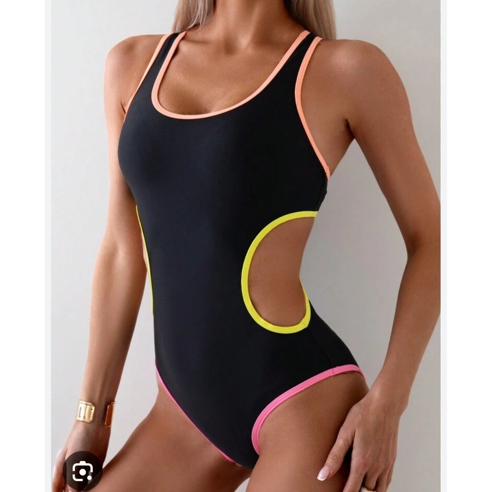 Retro Neon Cutout Waist One Piece Swimsuit Large Black Yellow Pink NEW
